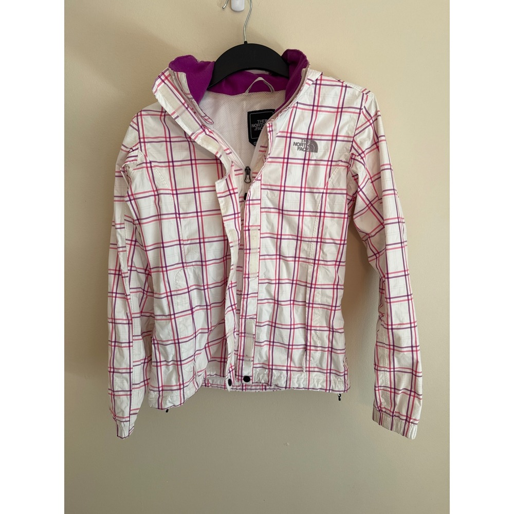 The North Face Womens XS Plaid Windbreaker Jacket White Pink Purple Hooded Mesh
